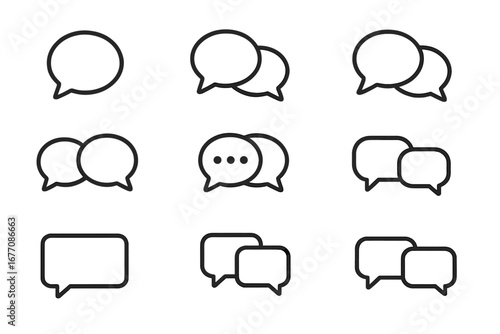 Speech bubble line icon set. Talk, chat, dialogue, and communication symbols. Conversation and message vector graphic collection. Editable stroke for web, app, and UI design.