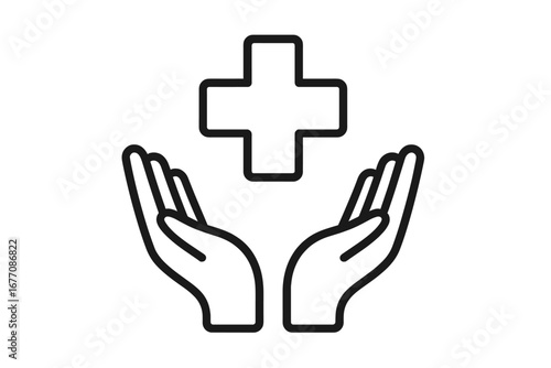 Health care line icon with hands holding medical cross. Concept of medicine, support, protection, charity and insurance. Vector illustration for logo, hospital, clinic, app.