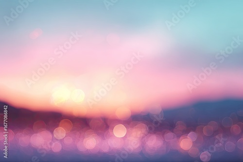 Soft sunset bokeh.  Blured landscape bathed in warm, pastel colors.  Bokeh circles of light add a dreamy effect
