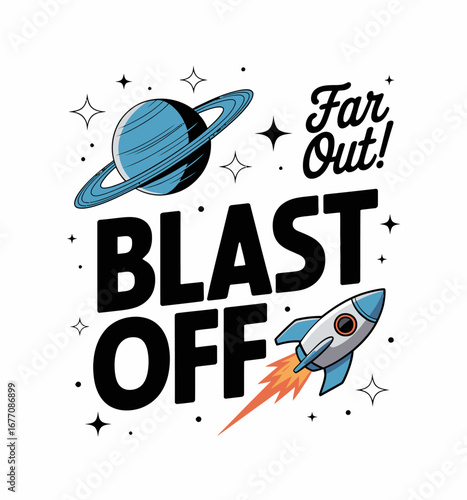 An eye-catching illustration showcasing a rocket and a planet with a playful blast off effect, representing vibrancy and the wonders of space travel.
