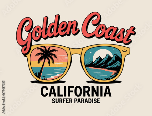 A charming illustration showcasing retro sunglasses, featuring an exquisite beach scene with colorful sunset views that evoke a sense of nostalgia and serenity.