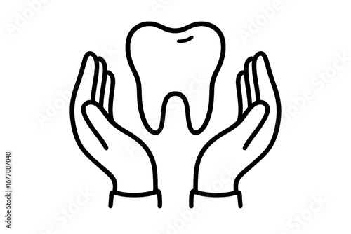 Dental care concept. Tooth protection logo. Hands holding tooth. Oral health and hygiene symbol. Dentistry icon. Medical stomatology sign. Dental insurance metaphor vector.