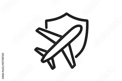 Travel insurance concept. Flight protection and safety symbol. Airplane and shield line icon for web and apps. Vector illustration for secure journey and airline guarantee.