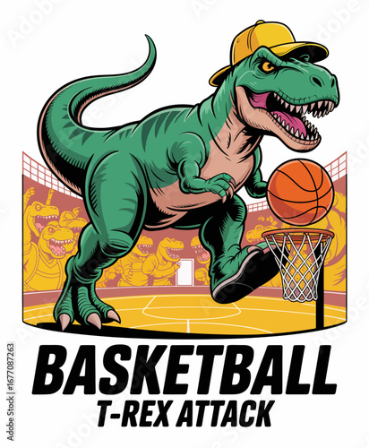An exciting depiction of a T-Rex preparing to slam dunk a basketball, complete with a cheering crowd backdrop, embodying the thrill of competition and sportsmanship.