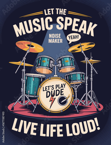 A vibrant drum set showcases its dynamic colors and design, inviting musicians to let loose and express themselves through powerful rhythms and beats.