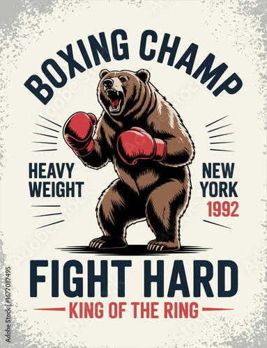 An illustrated bear in boxing gloves strikes a confident pose, encapsulating the essence of sportsmanship and power in a striking design themed around boxing and competition.