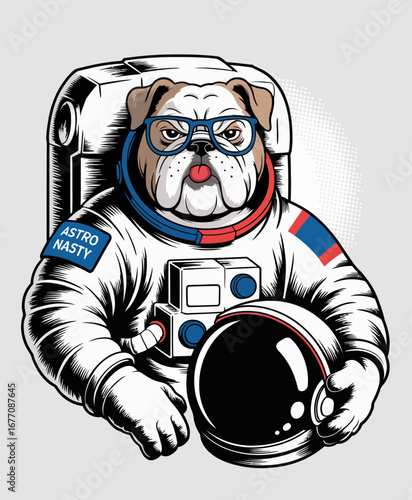 A serious bulldog wears glasses and holds an astronaut helmet, portraying determination and confidence while exploring the vastness of space depicted artistically.