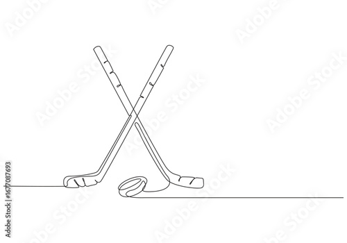 Female Hockey Player in Action Line Art, Hockey Stick and Puck Continuous Line Drawing, Hockey Stick, Puck, and Ice Line Art, Hockey sticks crossed over a puck, simple linear drawing
