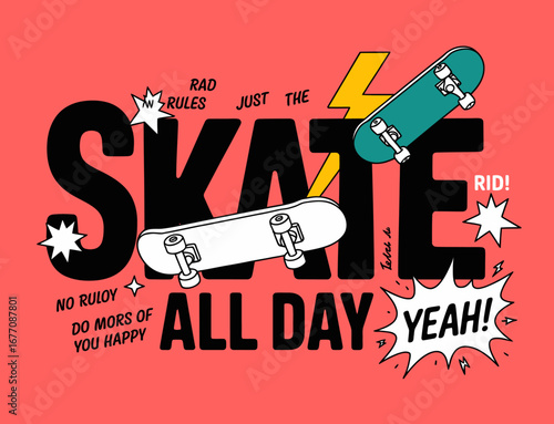 This vibrant image features skateboards in a dynamic layout, showcasing the energetic spirit of skate culture with bold colors and playful graphics on red.