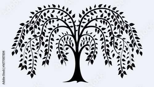 Silhouette of a weeping willow tree with many leaves and branches against a white background image art
