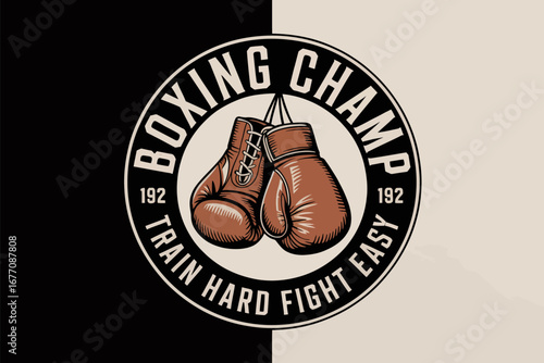 This image features a vintage boxing championship logo with classic brown gloves, symbolizing dedication and strength in training and competition. Perfect for boxing enthusiasts.