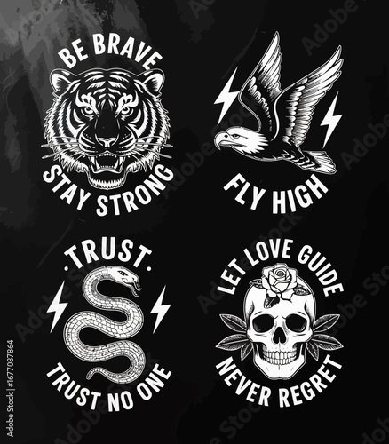 Featuring a commanding collection of a tiger, eagle, snake, and skull, this image captures the essence of trust, bravery, and navigating through life’s choices with resilience.