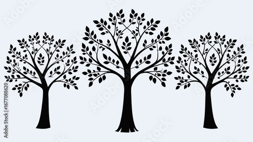 Three stylized trees with dense leaf canopies in a symmetrical arrangement on a light background