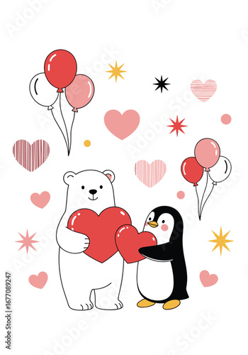 Adorable polar bear and penguin friends share valentine's day hearts and balloons