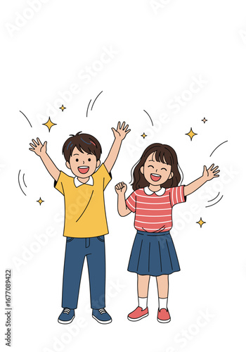 Two excited children celebrating a joyful moment with upraised arms surrounded by sparkles and dashed lines representing excitement and happiness