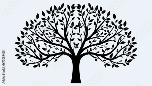 Silhouette of a tree with dense foliage and intricate branches against a plain background image view
