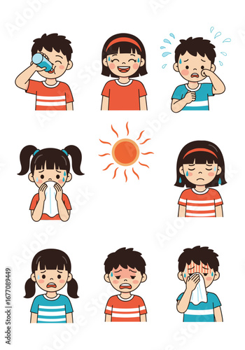 Children experiencing summer heat symptoms and reactions to hot weather conditions