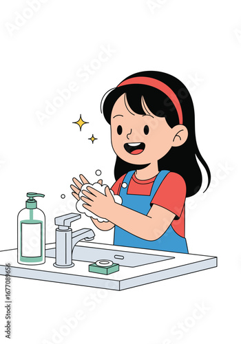 A young girl joyfully washes her hands with soap and water promoting good hygiene habits