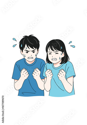 Two people showing frustration with clenched fists and sweating in determination