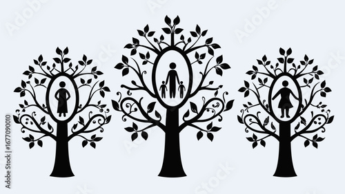 Three stylized family trees with figures in oval frames and leaf details in black and white design