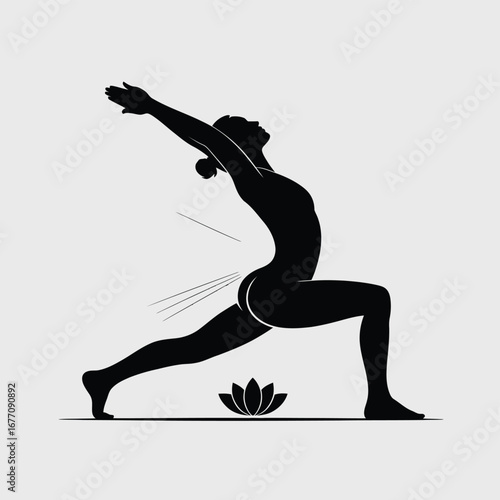 Silhouette of a person in a warrior yoga pose with a lotus flower