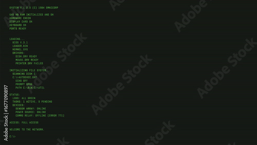 A vintage retro digital vector graphic overlay. Old green CRT screen overlay with system startup text. Green retro text on black screen. 80's retro display overlay.