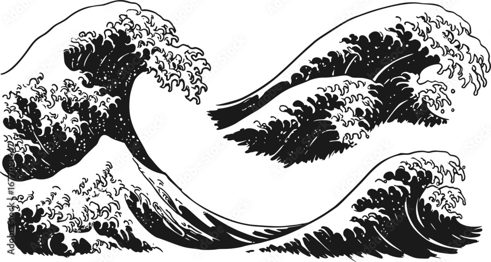 Waves, Japanese patterns, brush strokes, vectors, frames, Japanese backgrounds, summer, ink, line drawings, large waves, rough waves, running water
