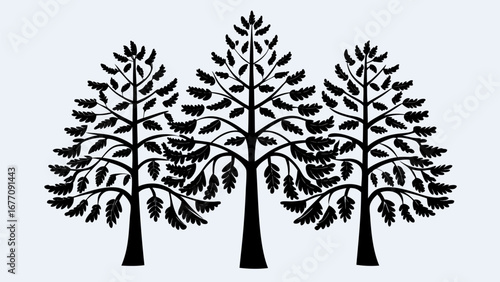 Three stylized black trees with detailed leaves against a light background illustration art