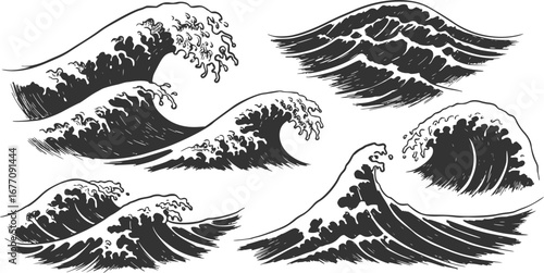 Waves, Japanese patterns, brush strokes, vectors, frames, Japanese backgrounds, summer, ink, line drawings, large waves, rough waves, running water
