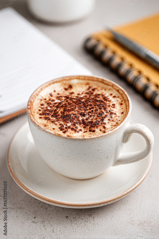 Fototapeta premium A cozy cup of cappuccino topped with cocoa powder, accompanied by a notebook and pen, creating a warm atmosphere for relaxation or productivity.