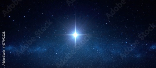 A bright, central star shines brilliantly in a dark, starry night sky