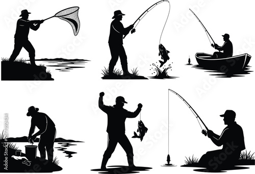 Fishing silhouette vector, man catching fish, boat fishing scene, net fishing action, shore angler moment, bucket fish handling, outdoor recreation illustration