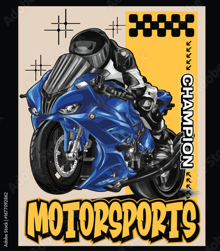 Blue and painted motorcycle. Isolated in black background, for t-shirt design, print. and for business purposes.