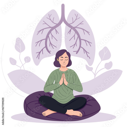 Vector art of woman in lotus position meditating for relaxation and mindfulness, promoting health and wellness of the lungs and body