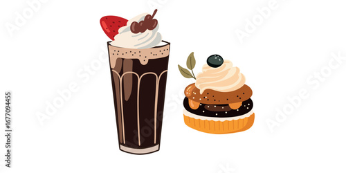 vector illustration latte with cream and dessert
