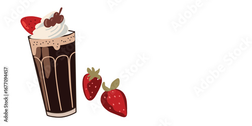 vector illustration latte with cream and strawberry with space for text