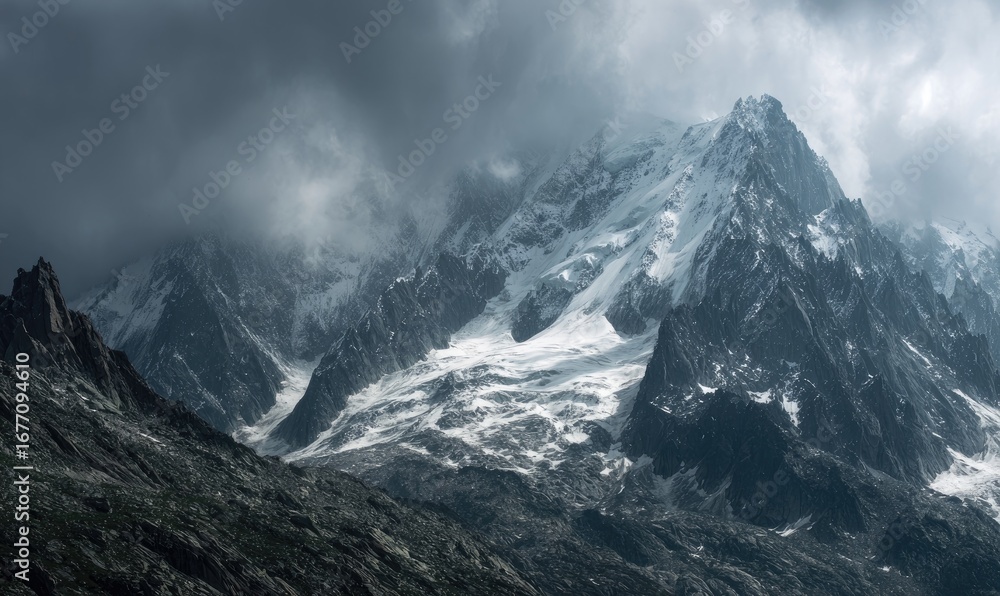 Obraz premium Dramatic mountain peak under stormy clouds