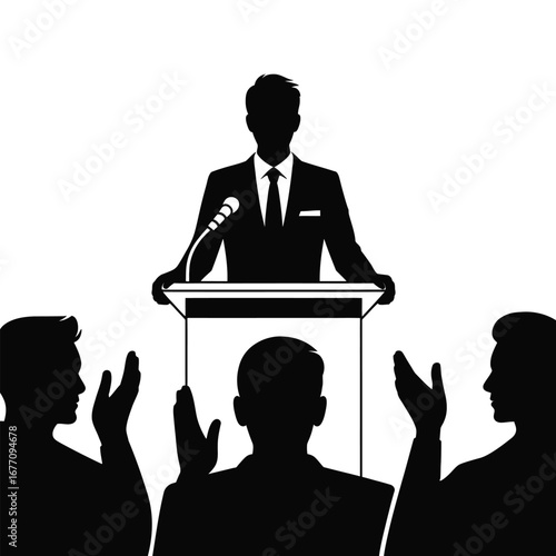 Black and white silhouette of speaker at podium with applauding audience, symbolizing leadership, public speaking, and formal recognition