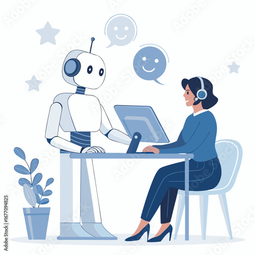 Vector art of a robot and a woman work together at a desk, providing customer service and support, demonstrating the future of customer interaction