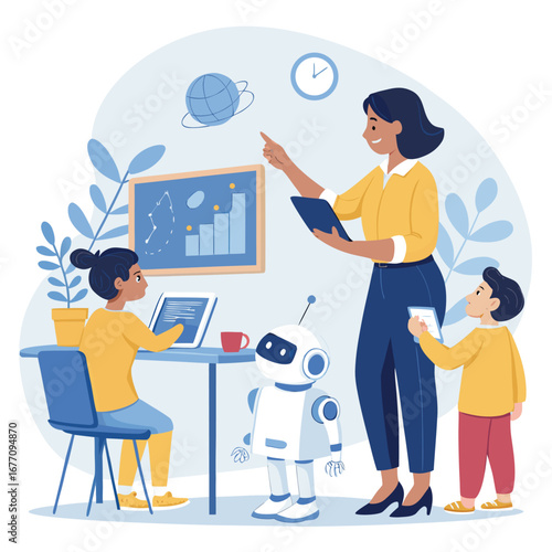 Vector art of a teacher is teaching students about robotics and artificial intelligence in the classroom