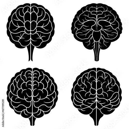Four black and white illustrations of human brains with detailed lobes and symmetrical design elements