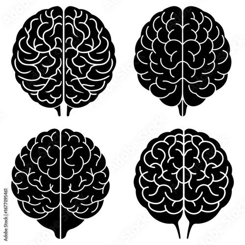 Four stylized human brain illustrations with detailed convolutions in black and white design showing hemispheres