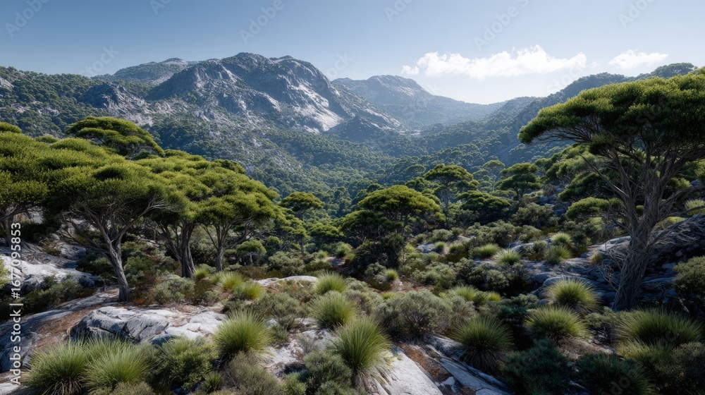 Obraz premium Lush green trees and shrubs populate a mountain valley, showcasing a tranquil and vibrant natural scene.