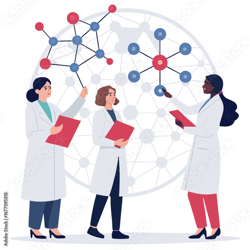 Vector art of three female scientists are collaborating on a molecular research project, working together to advance scientific knowledge