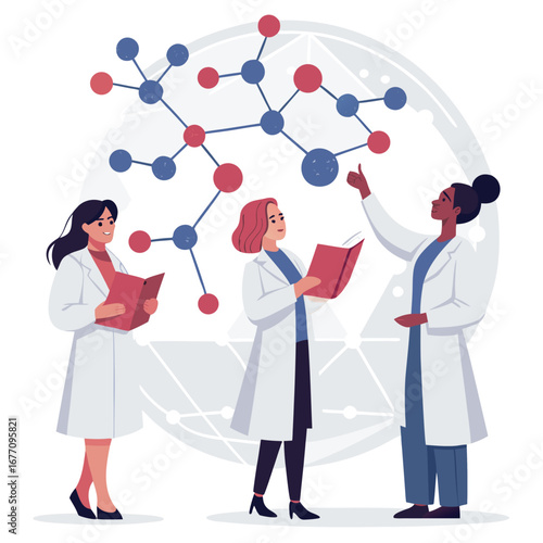 Vector art of a team of scientists collaborating on molecular research, , showcasing innovation in science and technology