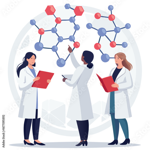 Vector art of three female scientists are collaborating on a molecular research project, working together to advance scientific knowledge