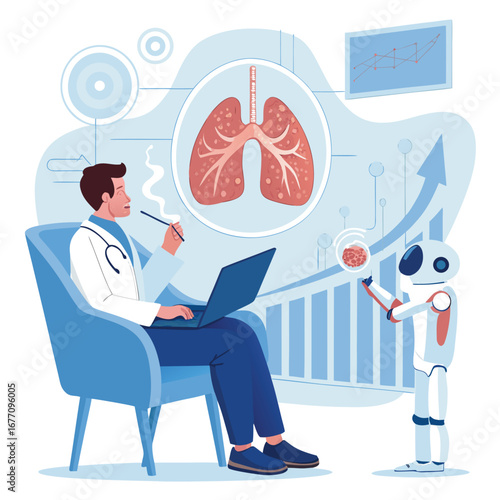 Vector art of a doctor and a robot are analyzing lungs with artificial intelligence, showcasing the future of medical diagnosis and treatment