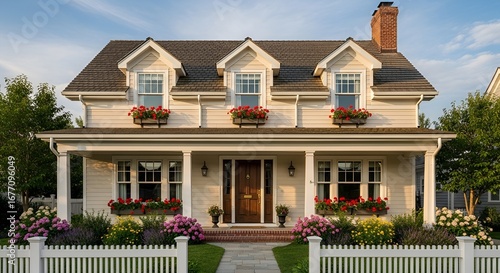 Charming twostory suburban house with a welcoming front porch, wellmaintained lawn, and colorful flowerbeds, showcasing classic american architecture and a cozy family home atmosphere
