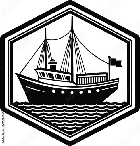 Vector art of a black and white illustration of a fishing boat sailing on the sea, framed within a hexagonal border, showcasing a vintage nautical design