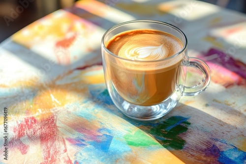 Enjoy a delicious dalgona coffee in a glass cup on a colorful tablecloth